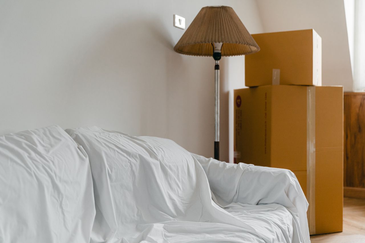 hero-img-01 Covered with sheet sofa and floor lamp and packed cardboard boxes in light spacious room of new contemporary house